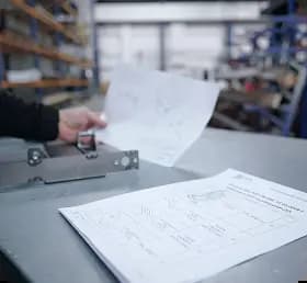A quality inspector reviewing technical engineering blueprints alongside a fabricated metal assembly part on a workbench